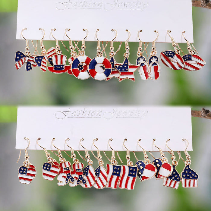 Wholesale Red White Blue Star Striped Heart Pendant Earring Set Patriotic Jewelry Accessory