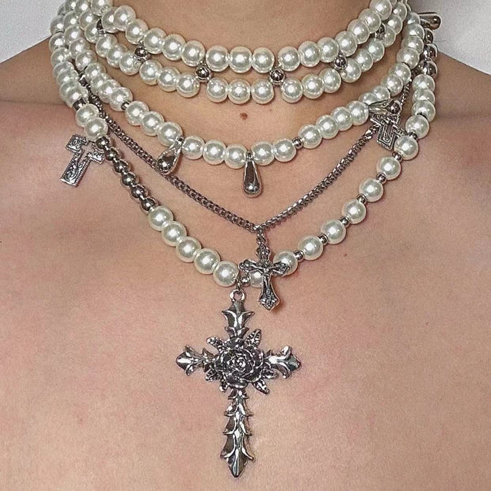 Wholesale Pearl Multi-layer Flower Cross Alloy Necklace JDC-NE-HanD001