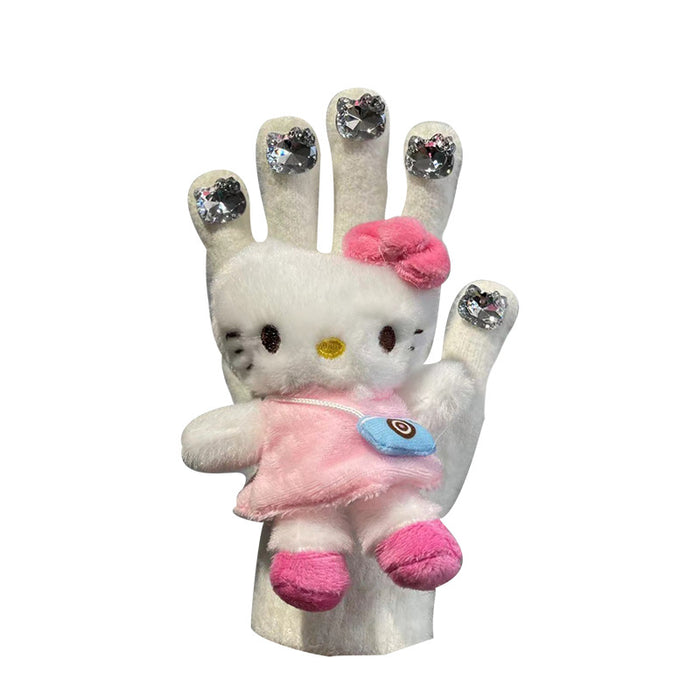 Wholesale rhinestone cute plush gloves autumn and winter girl warm knitted five-finger gloves