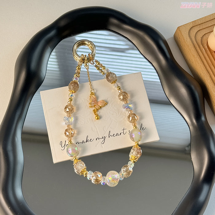 Wholesale Beaded Popcorn Crystal Beads Mobile Phone Chain Alloy Butterfly Gold Beads Keychain