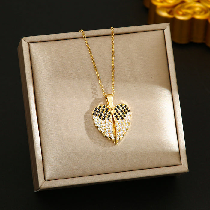 Wholesale Two-wing heart-shaped diamond-encrusted stainless steel necklace