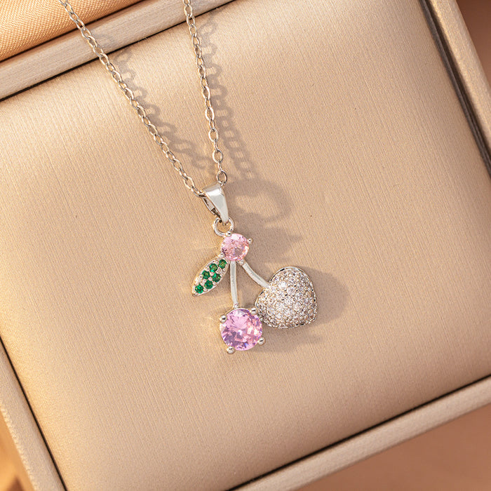 Wholesale Diamond Cherry Necklace Women's Earrings Titanium steel choker necklace Set