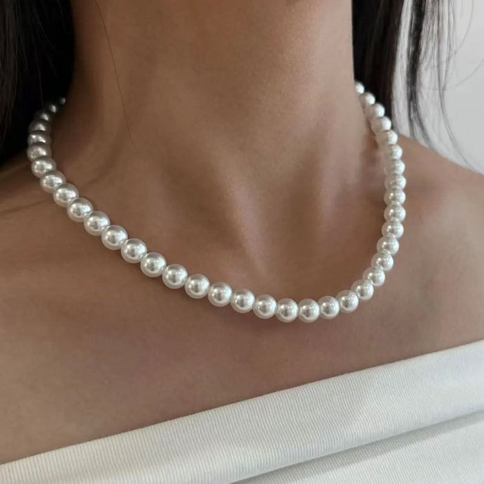 Wholesale   White Mother Beads Round Pearl Necklace Ingot Buckle  Clavicle Chain