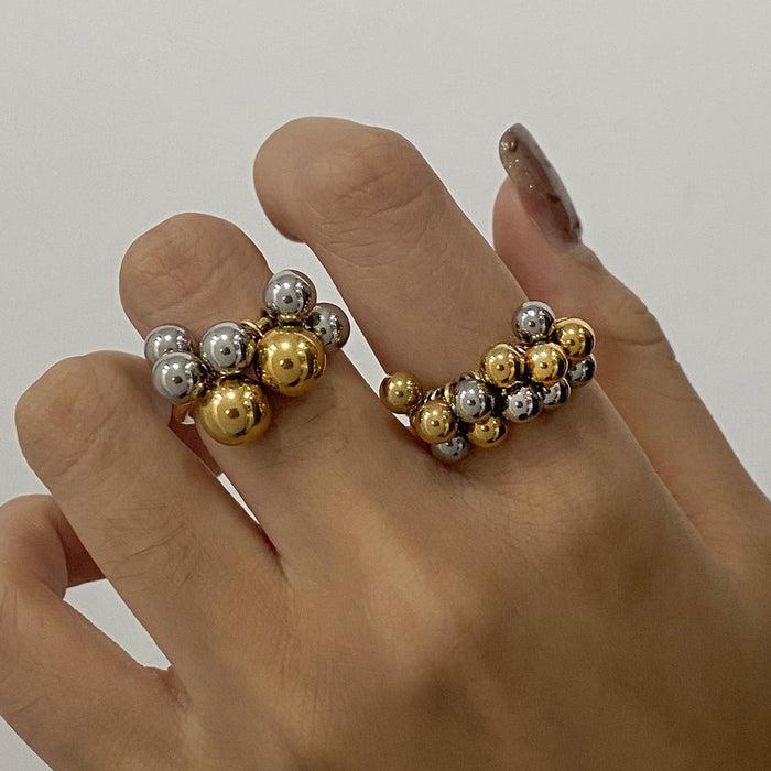 Wholesale Stainless steel gold and silver color matching metal ball movable grape bunch ring titanium steel ring