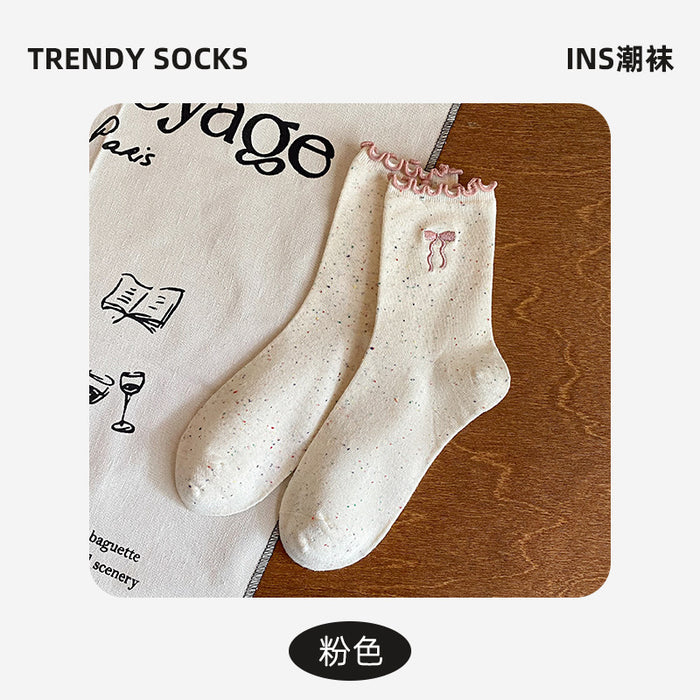 Wholesale Lace bow socks Embroidered mid tube socks Stacked socks