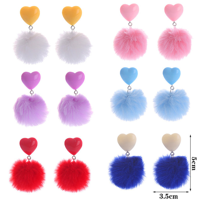 Wholesale Cute imitation rabbit fur heart-shaped earrings with candy colored plush pendant earrings