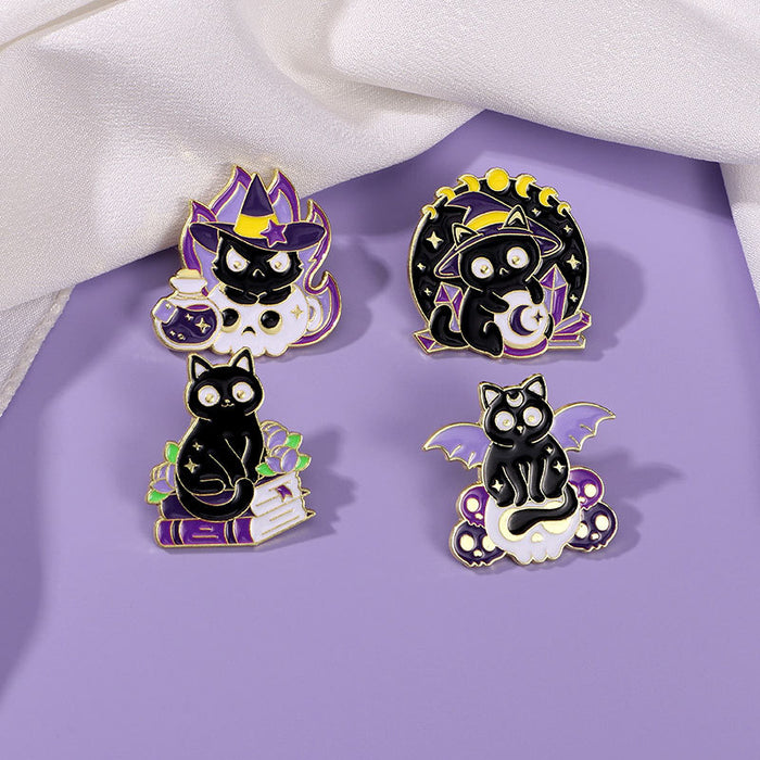 Wholesale Oil dripping alloy brooch black cat magician cat small animal schoolbag accessories clothes decoration cartoon badge