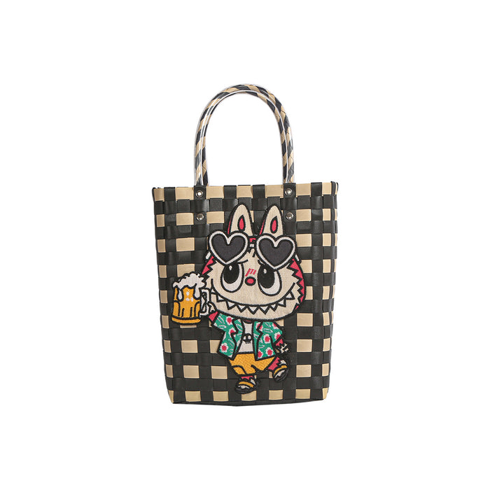 Wholesale  Plastic Woven Handbag Black Leather  Woven Vegetable Basket Handbag Handmade Bag