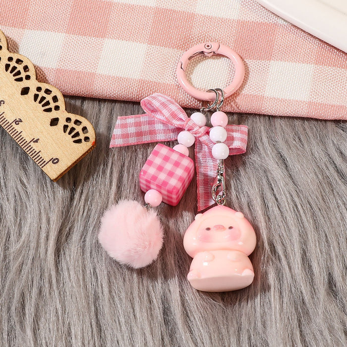 Wholesale Handmade Beaded Pig Keychain Colorful Plush Square Charm Cute Car Key Accessory