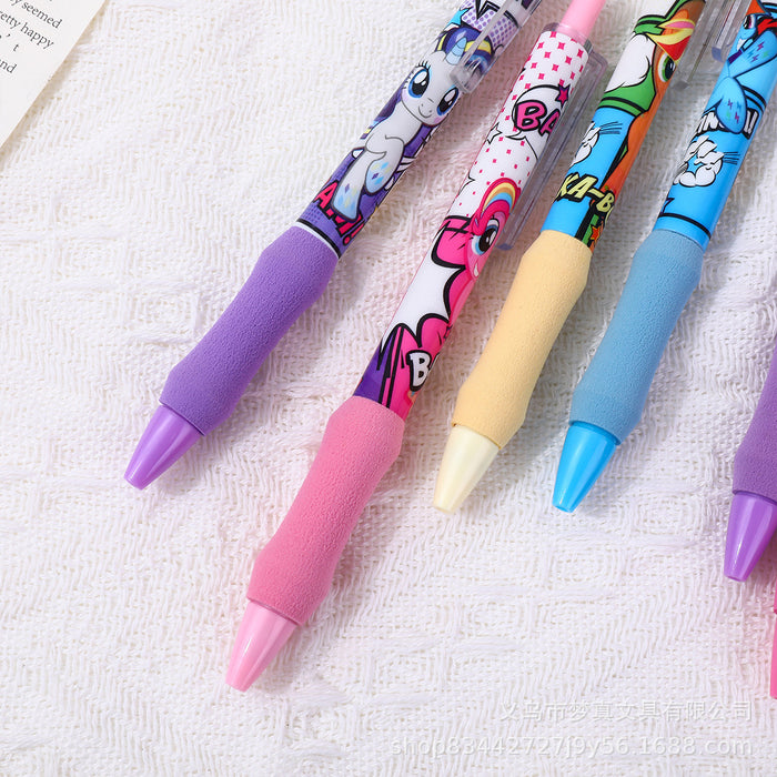 Wholesale 6pcs/set Pink Pony Brush Pen Sponge Cloud Hold Pen Quick-drying Push Pen Gel Pen Student Burden Reduction Black Pen