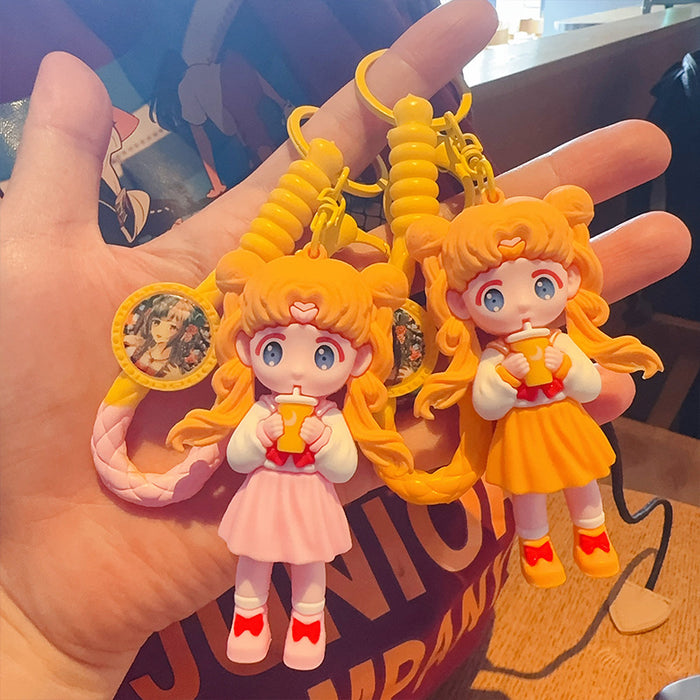 Wholesale Cute Cartoon Girl Drinking Milk Tea PVC Keychains