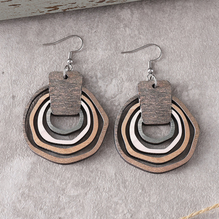 Wholesale Bohemian hoop three-dimensional leopard gradient hollow pendant earrings wooden double-sided earrings gift