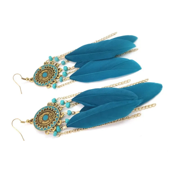 Wholesale Vintage earrings, fashionable feather chain tassel earrings, long style