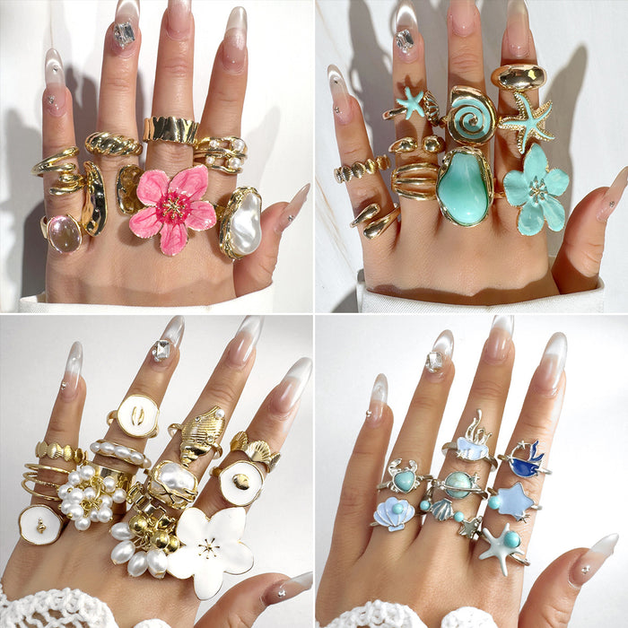 Wholesale Flower Pearl Ring Set – Fashion Accessory Dripping Oil Design MOQ≥5