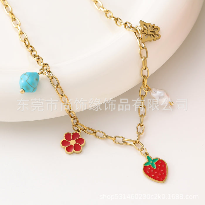 Wholesale Fashionable Retro New Blue Turquoise Colorful Petal Flower Accessories Drip Oil Hanging Titanium Steel Pendant Necklace