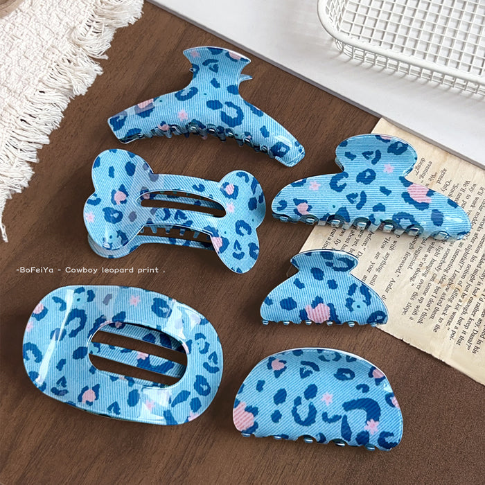 Wholesale PVC Blue Leopard Pattern Large Hair Claw Clip Retro Hair Accessory for Women