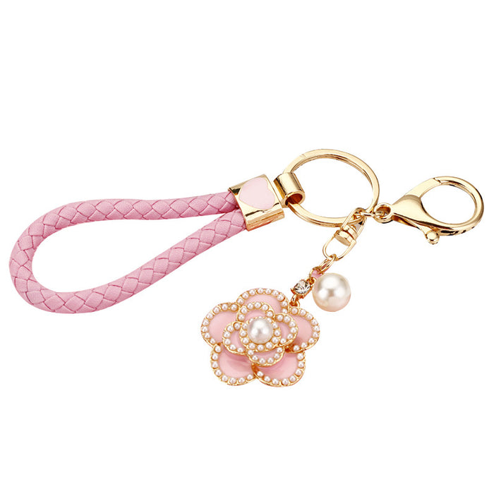 Wholesale Camellia car keychain pendant, metal keychain ring, diamond inlaid pearl rose pendant