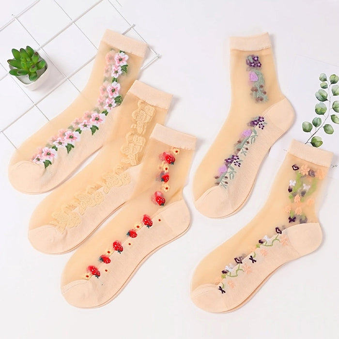 Wholesale mid-calf Crystal meat stockings spring and summer thin embroidered glass Silk women' s socks non-slip socks