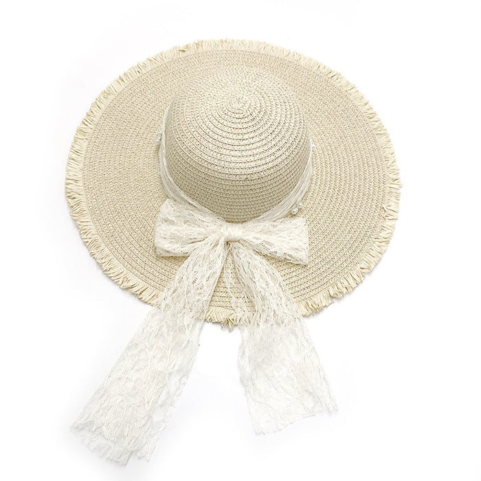 Wholesale Pearl Bow Raw Edge Straw Hat Summer Breathable Lace Streamer Straw Hat