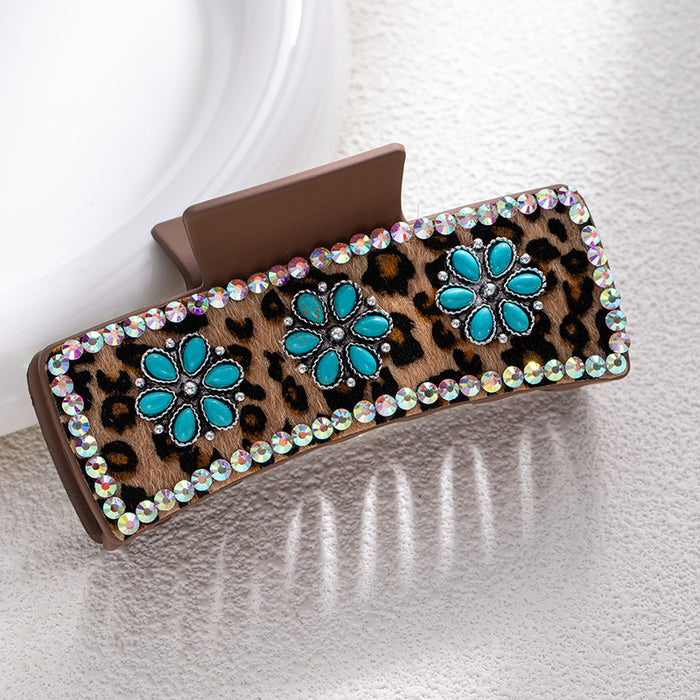Wholesale Bohemian Turquoise Western Grabber Retro Leopard Sequin Leather Ethnic Style Shark Clip
