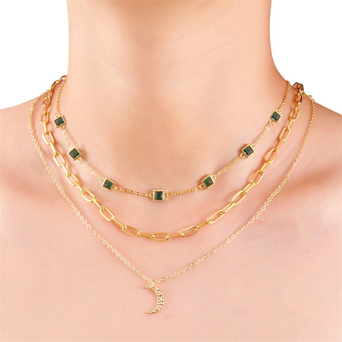 Wholesale Zircon triple layered necklace, personalized temperament, fashionable copper plated pendant necklace