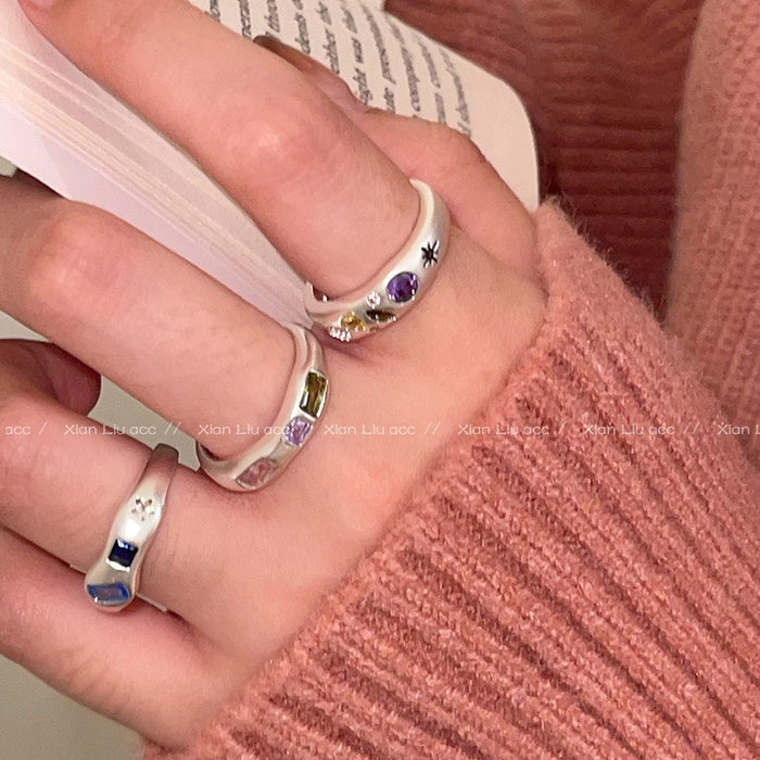 Wholesale Colorful zircon heart-shaped ring with female niche design, adjustable index finger ring ring