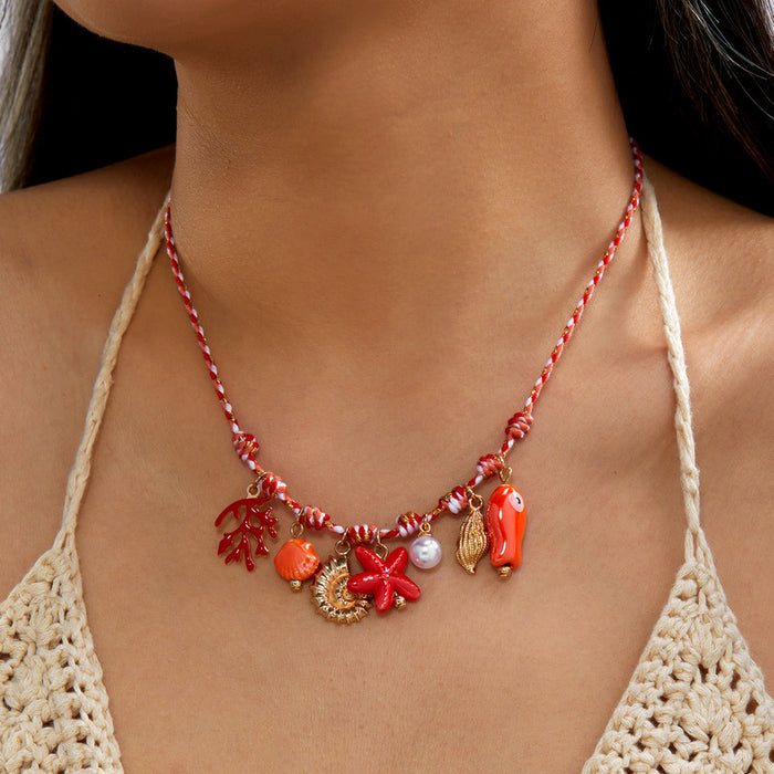 Wholesale Ocean Layered Multi-Color Ceramic Bead Necklace with Seashell and Starfish Charm