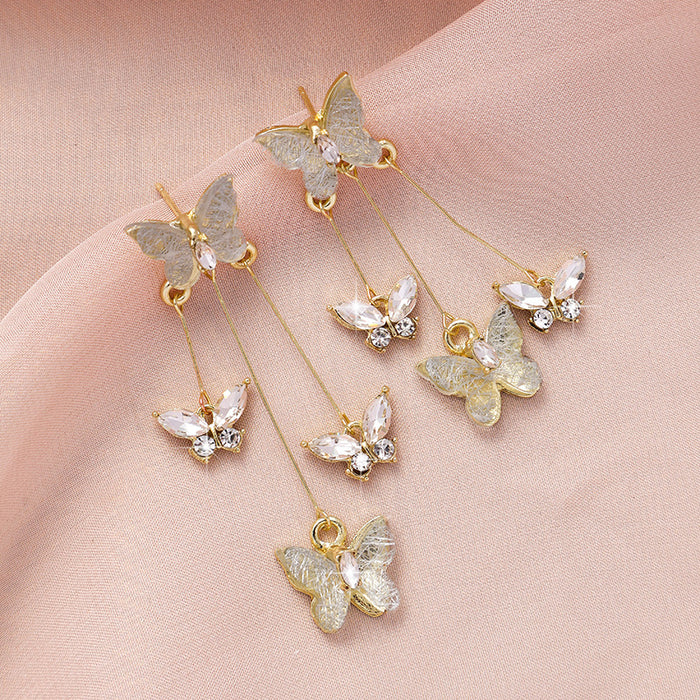 Wholesale Silver Needle Butterfly Earrings, Light Luxury, High Grade, Sparkling Diamond Long Earrings, Retro Style Earrings