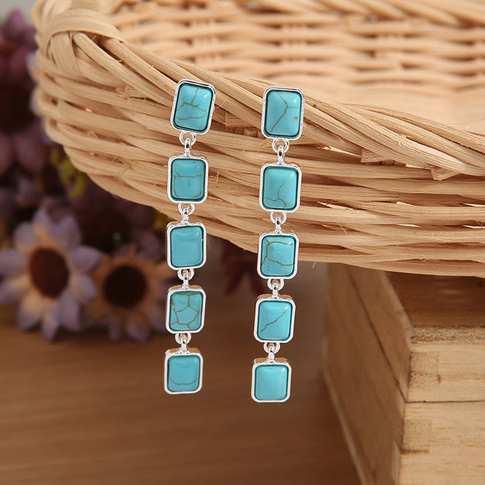 Wholesale Retro Square Turquoise Inlay Earrings Blue Long Tassel Alloy Fashion Jewelry