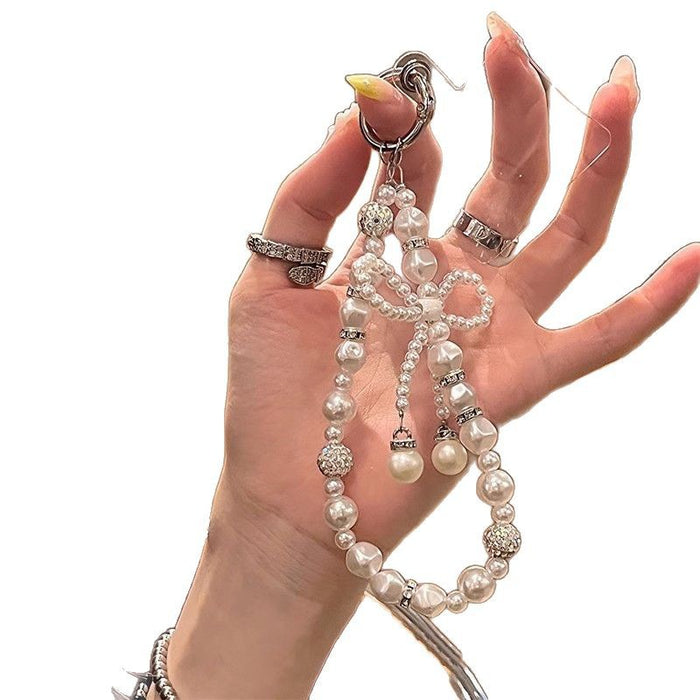 Wholesale Diamond-encrusted Pearl Bow Keychain  Chain Beaded Mobile Phone Pendant