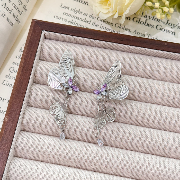 Wholesale Light luxury hollowed out lace butterfly earrings with silver needles, dynamic zircon earrings, earrings, pendants, and earrings