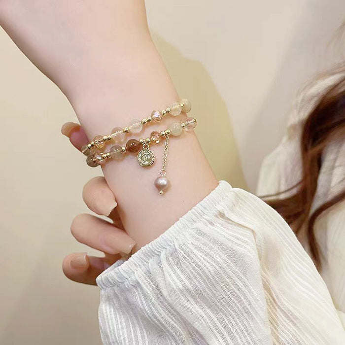 Wholesale Double layered crystal pearl bead bracelet with light luxury and high-end feel, layered bracelet, niche jewelry