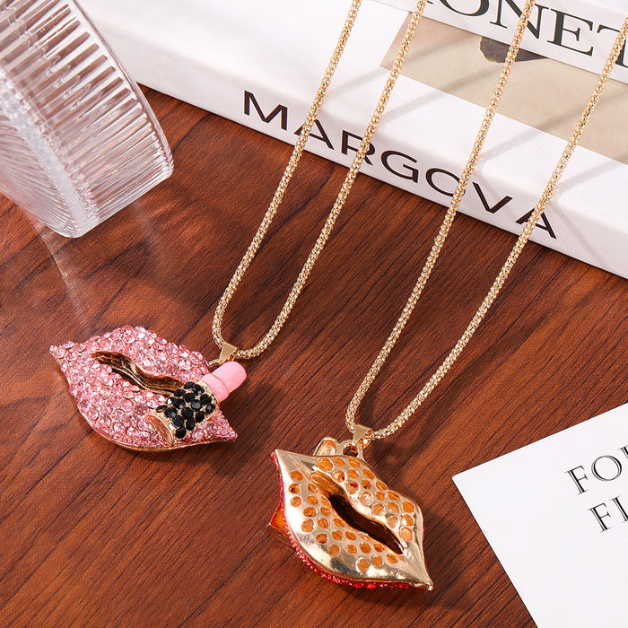 Wholesale Red Lips Rhinestone Zinc Alloy Sweater Chain Necklace