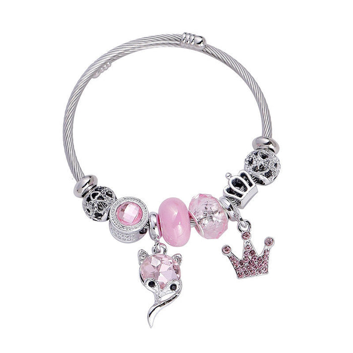 Wholesale Fox Crown Pendant Crystal Beaded Bracelet Women Stainless Steel Fashion Accessory Gift