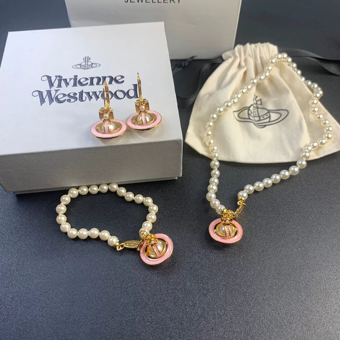 Wholesale Pearl Enamel 3D Saturn Pendant Long Necklace