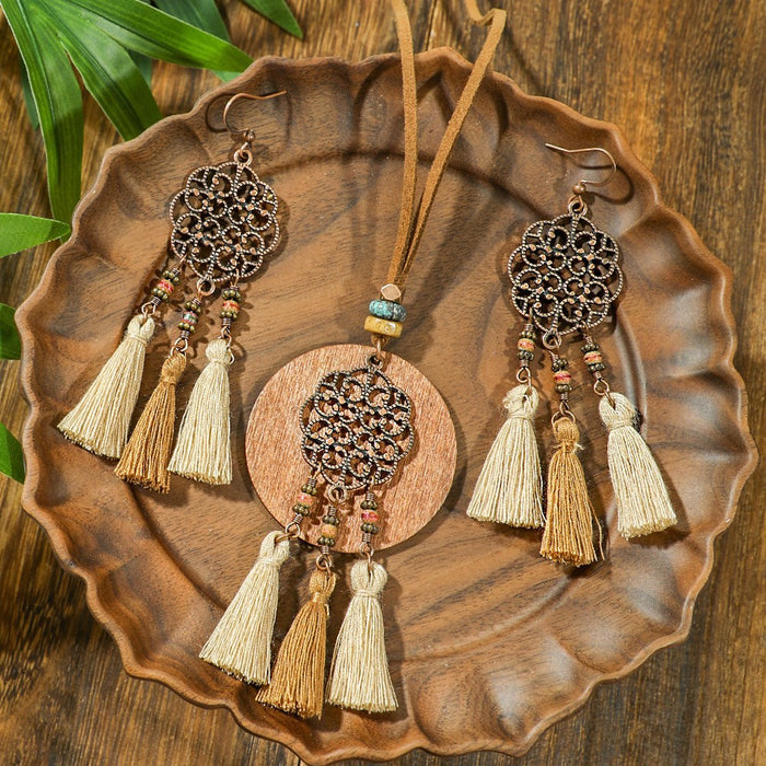 Wholesale Bohemian Handmade Tassel Earring and Necklace Set Alloy Geometric Circle Fashion MOQ≥2