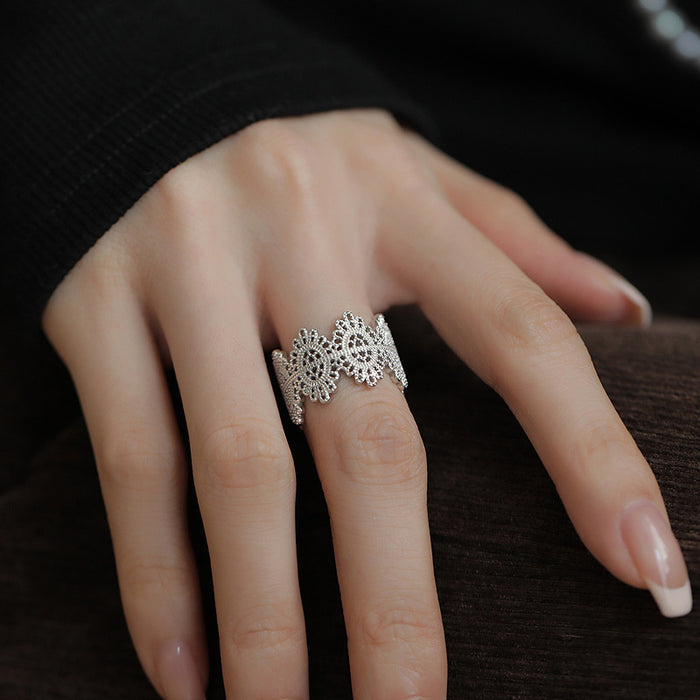 Wholesale Pure silver hollowed out lace ring with retro floral design, adjustable index finger ring