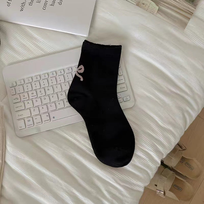 Wholesale Grey bow middle tube socks, pure cotton heel long tube pile socks