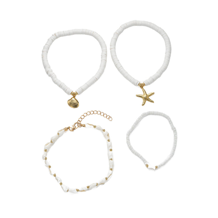 Wholesale Four piece set of shell ankle chains, fashionable and simple, stacked with multiple layers of rice beads woven ankle chains