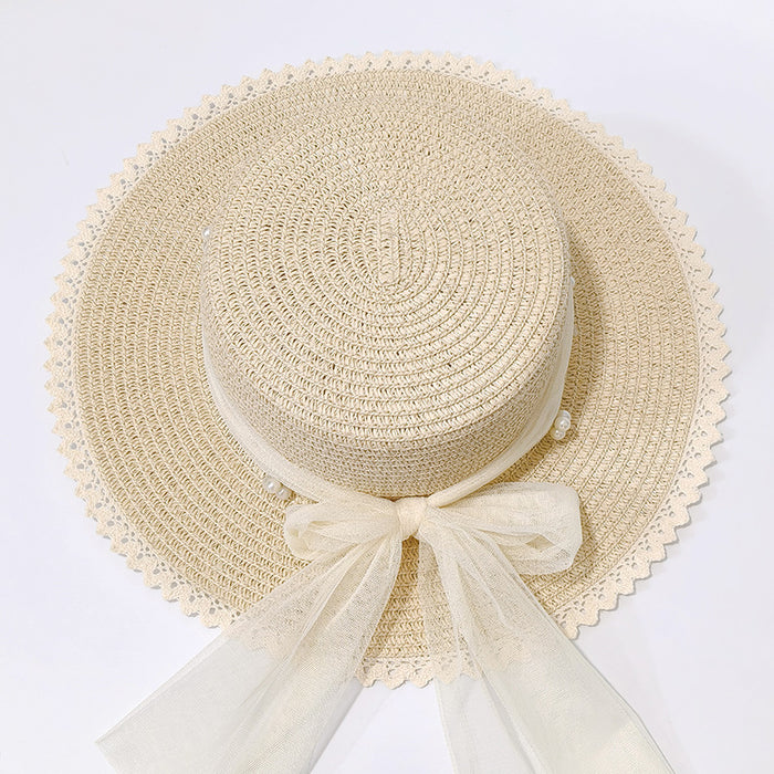 Wholesale Seaside big edge sun hat, beach grass hat, wavy edge pearl bow sun hat