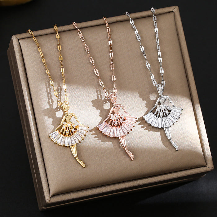 Wholesale Micro-painted zircon ballerina pendant necklace in titanium steel