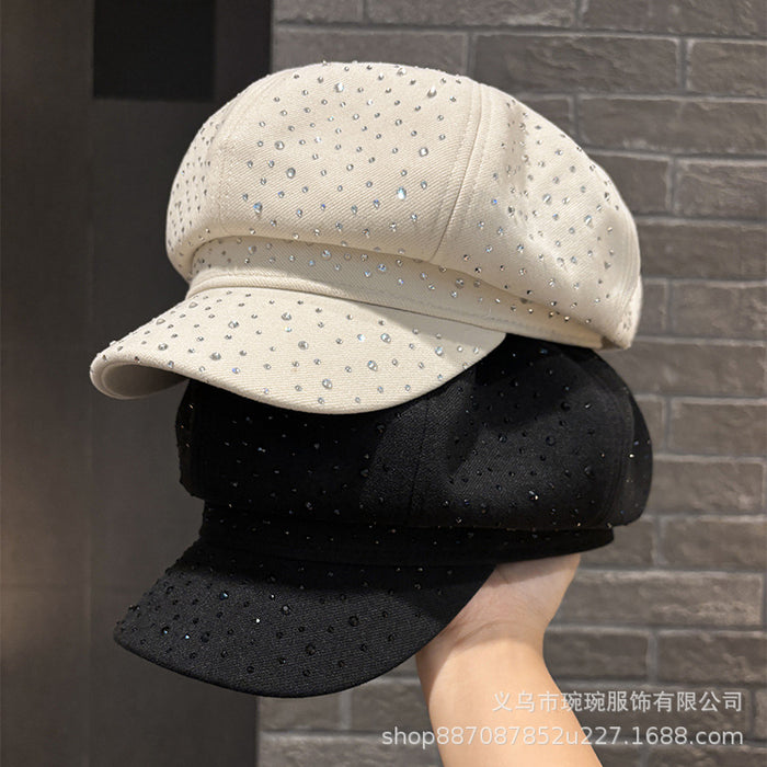 Wholesale small rhinestone octagonal hat female British vintage duck tongue newsboy hat