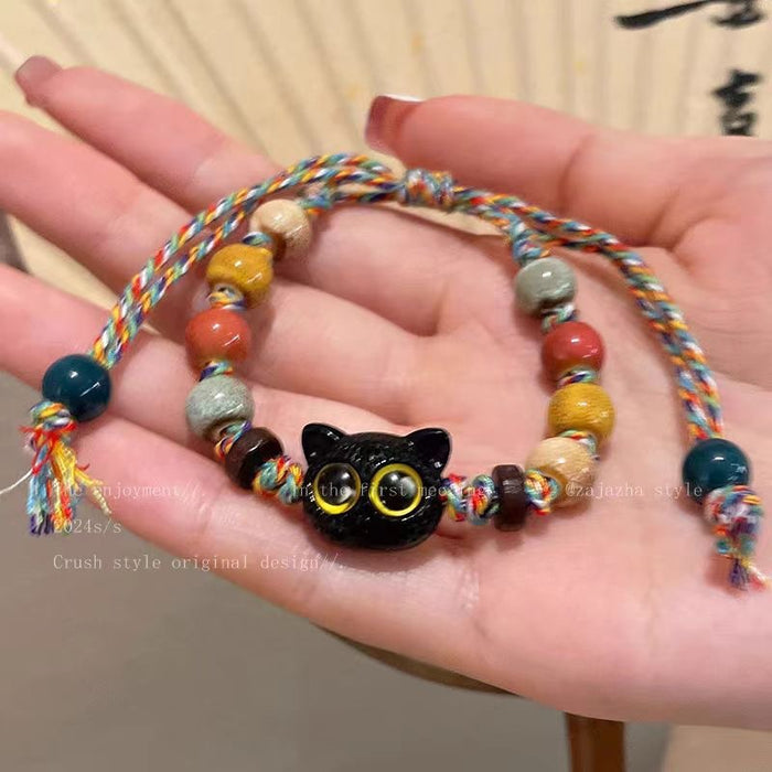 Wholesale Cat ceramic woven rope bracelet with niche design and colorful tassel bracelet accessories