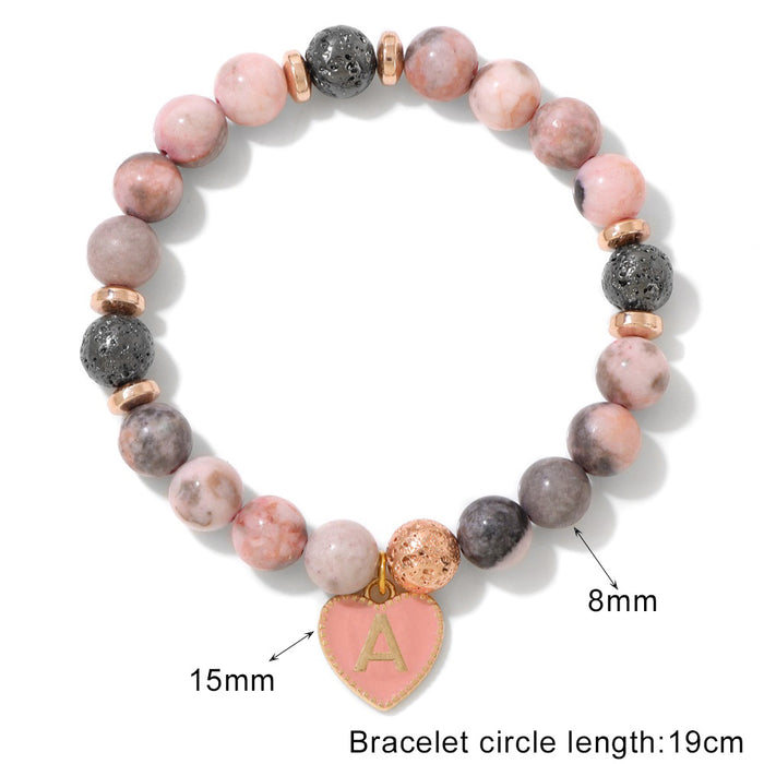 Wholesale 26 letter alphabet heart charm bracelet with 8mm stone beads  pink zebra jasper and volcanic rock beads