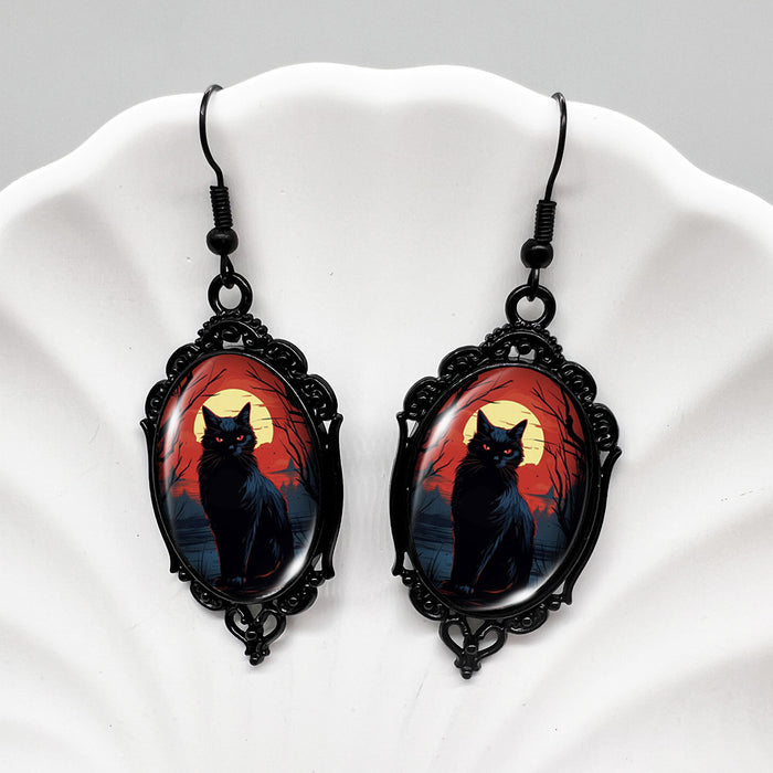 Wholesale  Black Crow Skull Oval Lace Earrings Witch Earrings Pumpkin Black Cat Moon Earrings