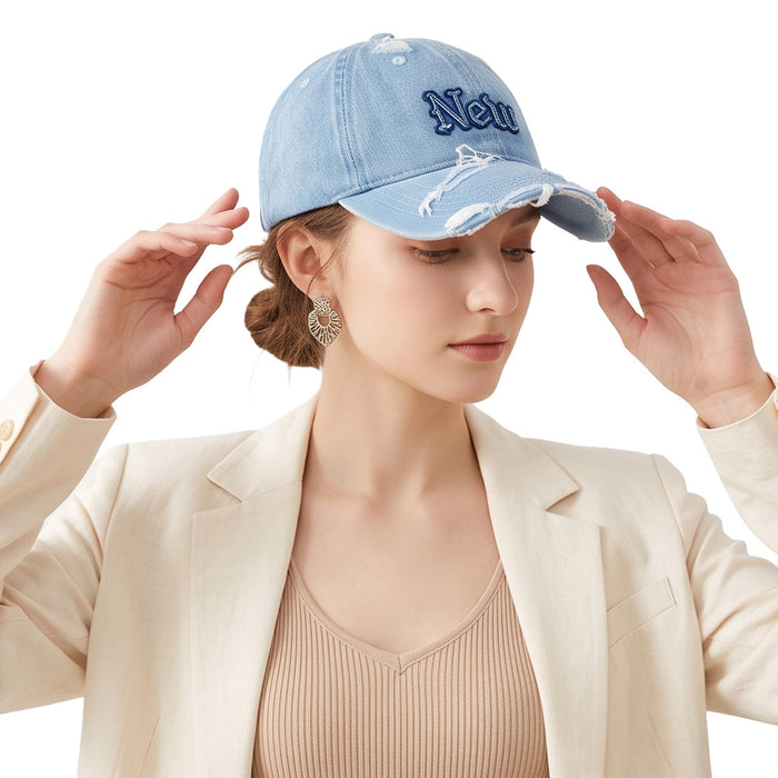 Wholesale Washed Denim Baseball Cap with Distressed Vintage Embroidery Unisex Casual Hat