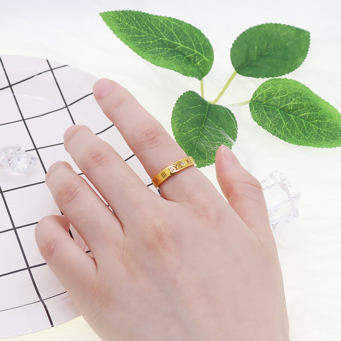 Wholesale Titanium steel Roman numeral ring with diamond inlay, hollowed out couple's ring, men's and women's letter index finger ring