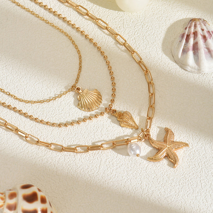 Wholesale Fashionable multi-layer layered metal starfish pendant necklace with conch shell necklace
