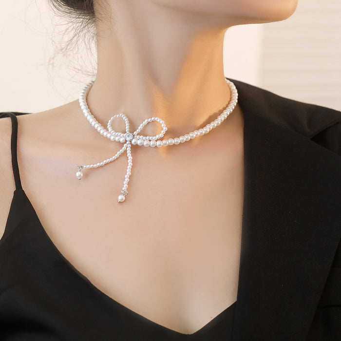 Wholesale Imitation Pearl Tassel Necklace, Diamond Bow Super Fairy Clavicle Chain