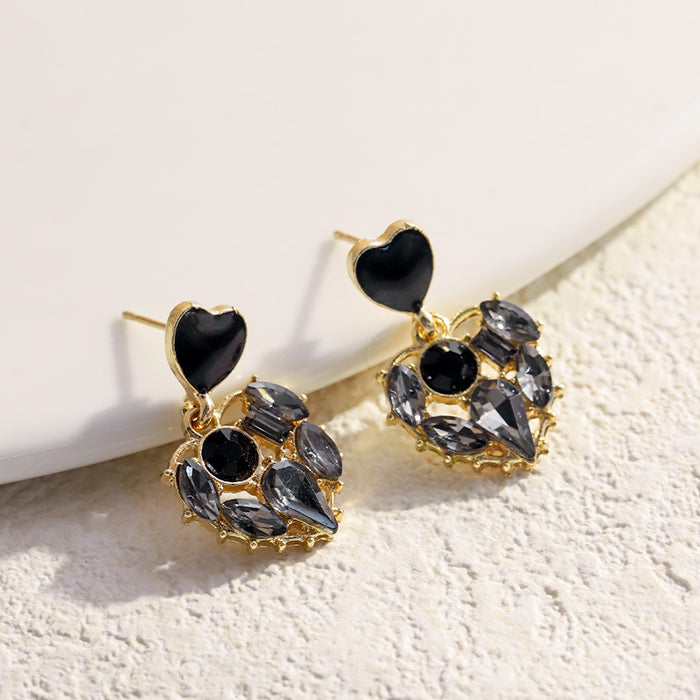 Wholesale Black rhinestone heart-shaped earrings